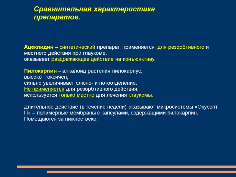 Сравнительная характеристика препаратов.   Ацеклидин – синтетический препарат, применяется  для резорбтивного и